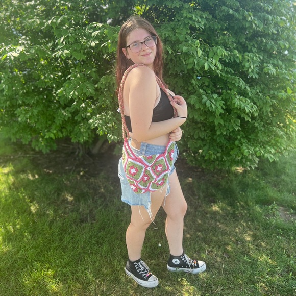 Crochet Granny Square Green and Pink Purse - Picture 2 of 4